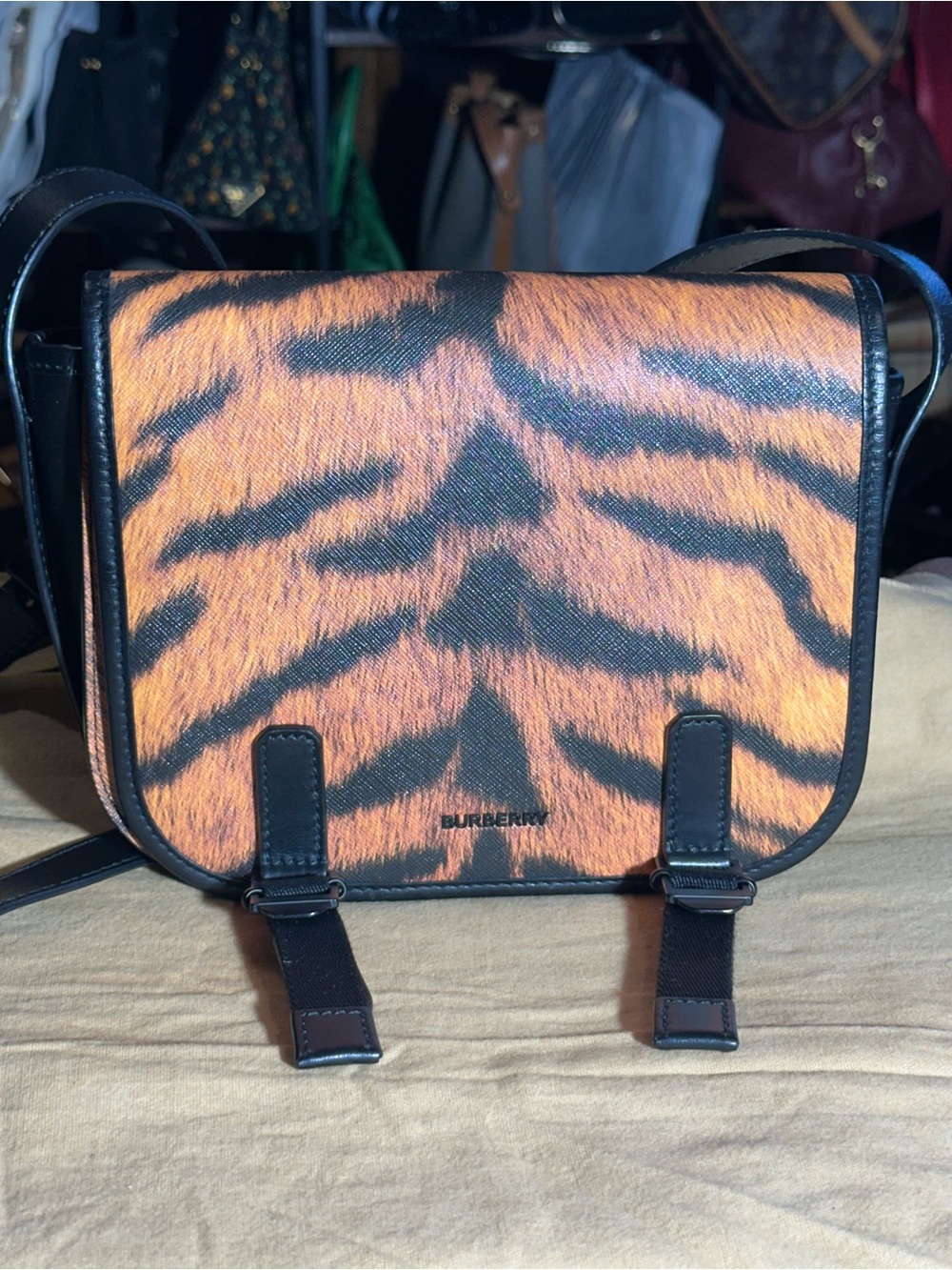 Burberry Orange and Black Tiger-Print Messenger Bag